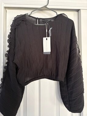 Endless Rose Black Pleated Ruffle Crop Blouse
